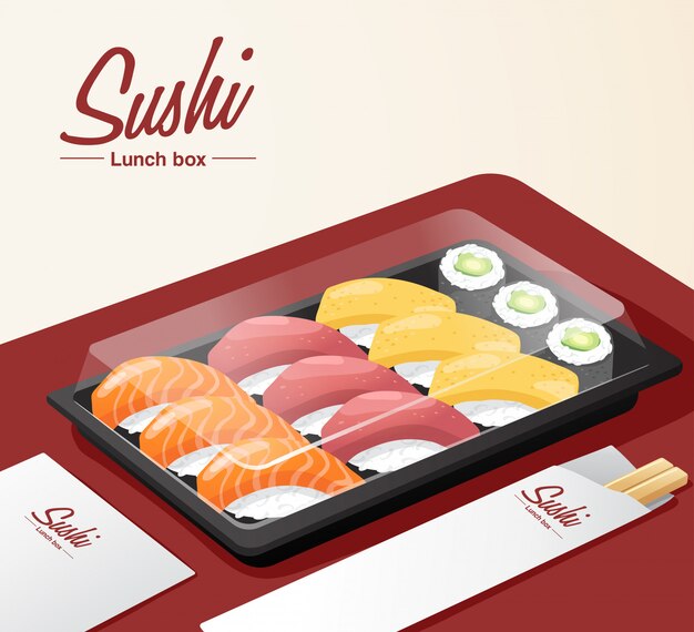 Vector set de sushi para llevar con bandeja, palillos y servilleta en la mesa roja