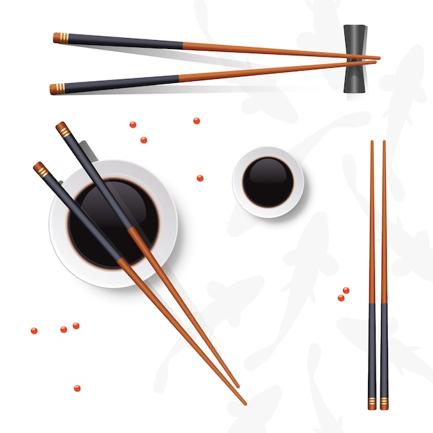 Vector set de sushi. palillos y salsa de soja aislados en blanco