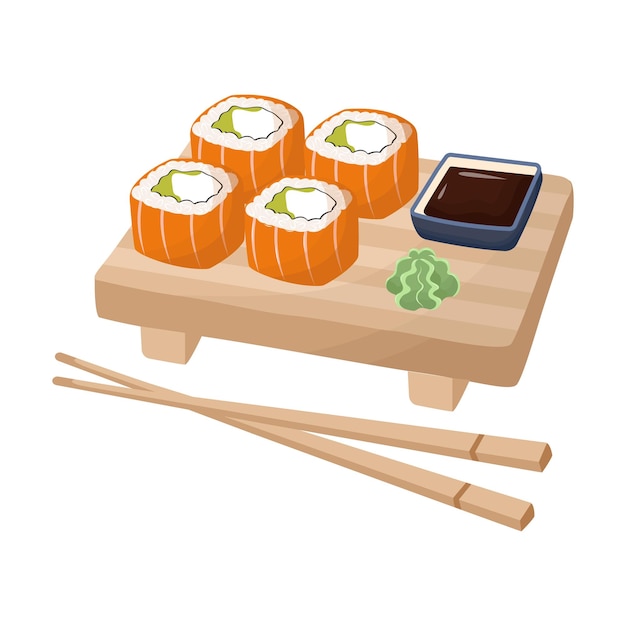 Set de sushi con salmón, salsa de soja y wasabi. Vector plano de comida asiática. Comida a domicilio.