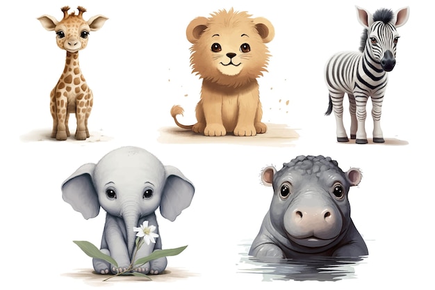 Vector set sute bebé animales divertidos hipopótamo león jirafa elefante cebra en estilo acuarela ilustraciones vectoriales planas aisladas sobre fondo blanco