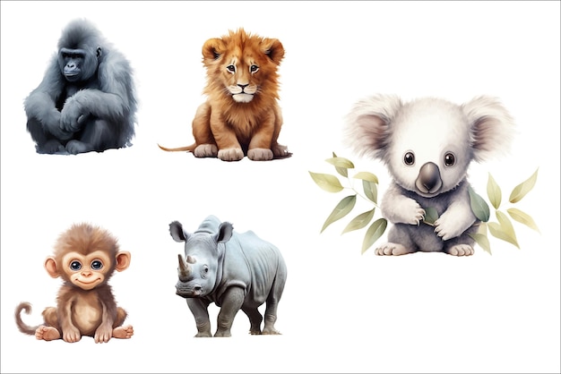 Set sute bebé animales divertidos mono rinoceronte león koala gorila en estilo acuarela Ilustraciones vectoriales planas aisladas sobre fondo blanco