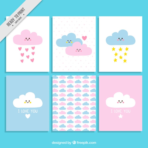 Vector set de tarjetas de amor de adorables nubes