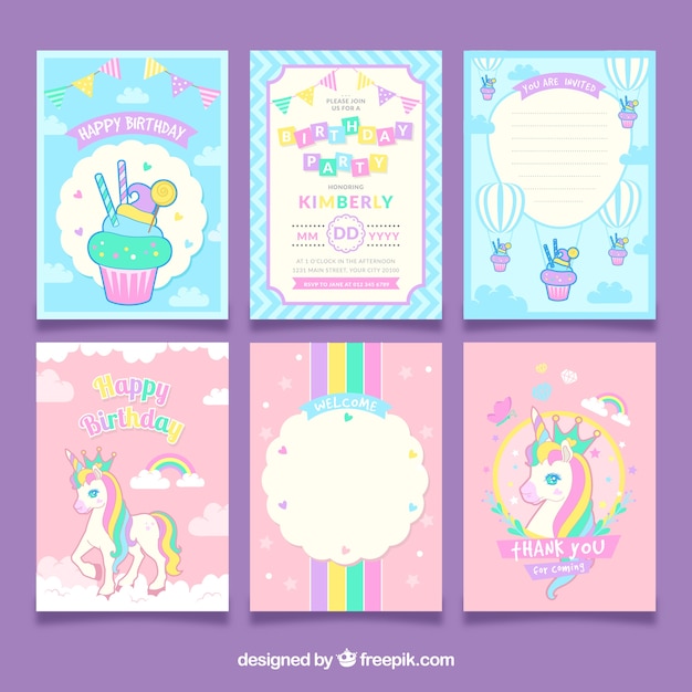 Vector set de tarjetas de cumpleaños de unicornio