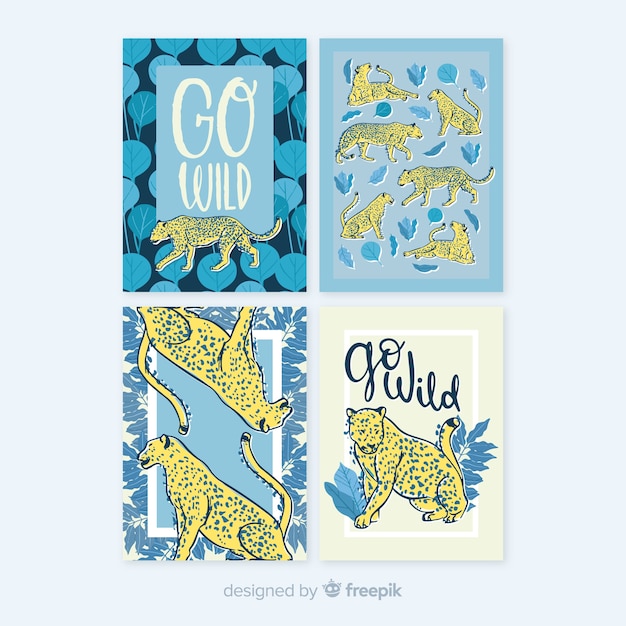 Vector set de tarjetas dibujadas de animales salvajes