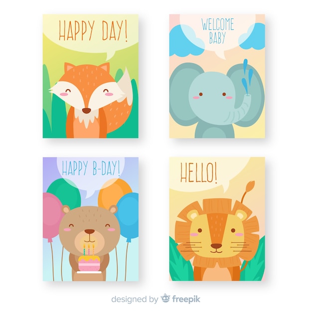 Vector set de tarjetas dibujadas de animales salvajes