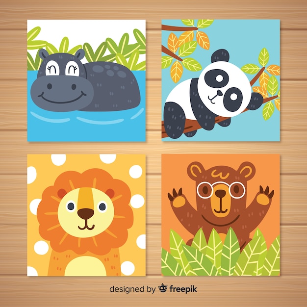 Set de tarjetas dibujadas de animales salvajes