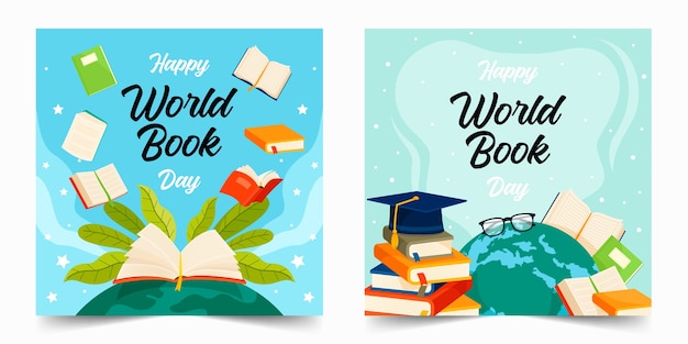 Set de tarjetas de dibujos animados dibujados a mano para el Día Mundial del Libro