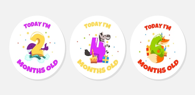 Set de tarjetas de dos, cuatro y seis meses Sticker de aniversario de mes de bebé con números y animales Ilustración vectorial