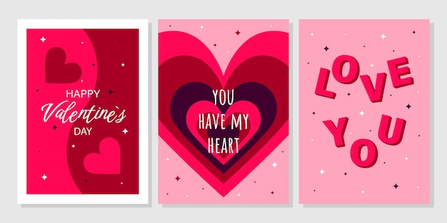 Set de tarjetas de felicitación para el Día de San Valentín Dibujado a mano Corazón de dibujos animados de moda Letras de amor Vector