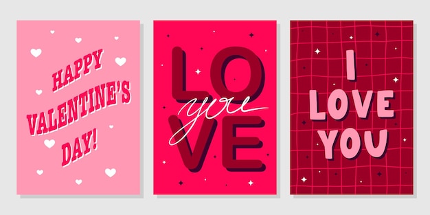 Set de tarjetas de felicitación para el Día de San Valentín Dibujado a mano Corazón de dibujos animados de moda Letras de amor Vector