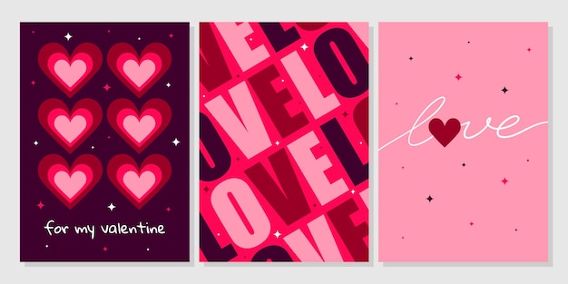 Set de tarjetas de felicitación para el Día de San Valentín Dibujado a mano Corazón de dibujos animados de moda Letras de amor Vector