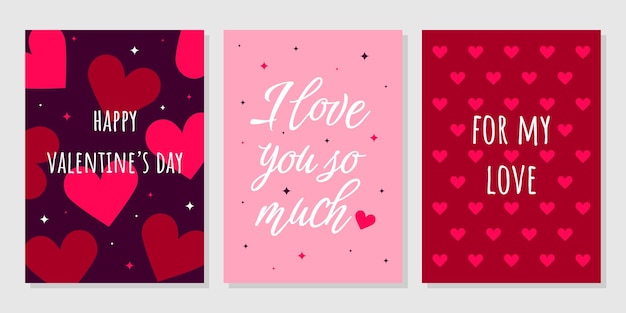 Set de tarjetas de felicitación para el Día de San Valentín Dibujado a mano Corazón de dibujos animados de moda Letras de amor Vector
