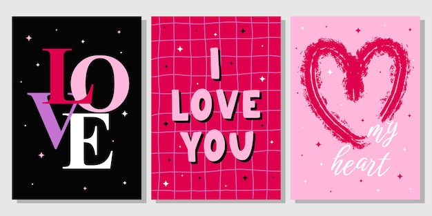 Set de tarjetas de felicitación para el Día de San Valentín Dibujado a mano Corazón de dibujos animados de moda Letras de amor Vector