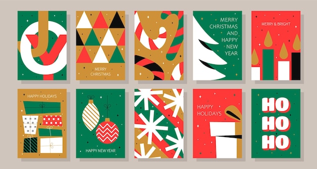 Set de tarjetas de felicitación de Feliz Navidad y Feliz Año Nuevo dibujado a mano plantilla de arte de vacaciones de invierno de moda