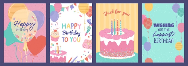 Vector set de tarjetas de felicitación para la fiesta de cumpleaños