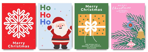 Set de tarjetas de felicitación de Navidad minimalistas con regalos de copos de nieve de Papá Noel y adornos festivos