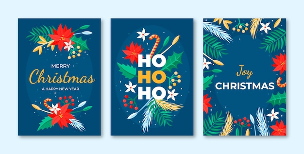 Vector set de tarjetas de felicitación navideñas planas