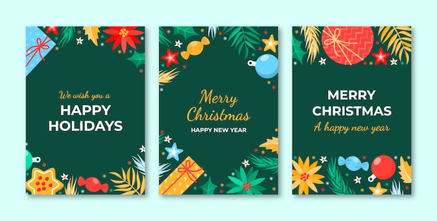 Vector set de tarjetas de felicitación navideñas planas