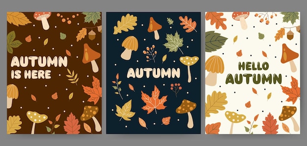 Set de tarjetas de felicitación de otoño dibujadas a mano hojas de otoño set de hongo bellotas bayas