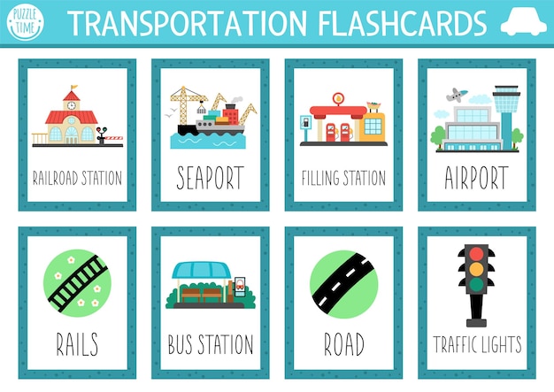 Set de tarjetas flash de transporte vectorial con estación de tren puerto marítimo aeropuerto juego de idioma inglés con lindos lugares de transporte para niños Vehículos flashcards Hojas de trabajo educativas simples imprimiblesetxA