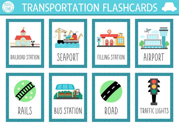 Vector set de tarjetas flash de transporte vectorial con estación de tren puerto marítimo aeropuerto juego de idioma inglés con lindos lugares de transporte para niños vehículos flashcards hojas de trabajo educativas simples imprimiblesetxa