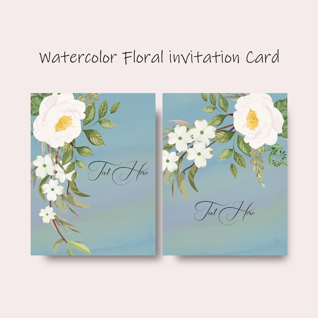 Set de tarjetas de invitación florales en acuarela con flores blancas y fondo azul