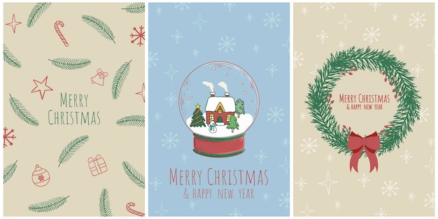 Set de tarjetas de Navidad con corona de árbol de Navidad elementos navideños Vector