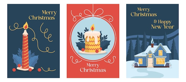 Vector set de tarjetas de navidad con ilustraciones de una casa de invierno y velas de navidad encendidas