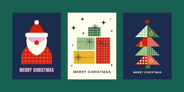 Set de tarjetas de Navidad minimalistas con árbol de Navidad, Papá Noel y regalos
