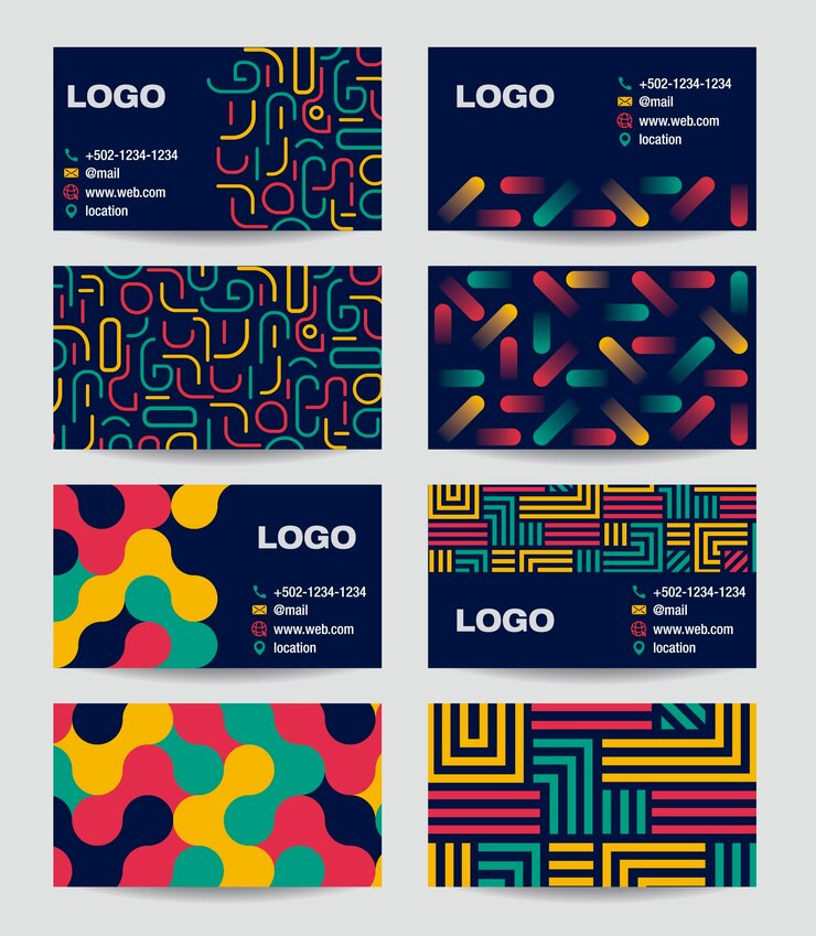 Vector set de tarjetas de presentación con patrones geométricos coloridos