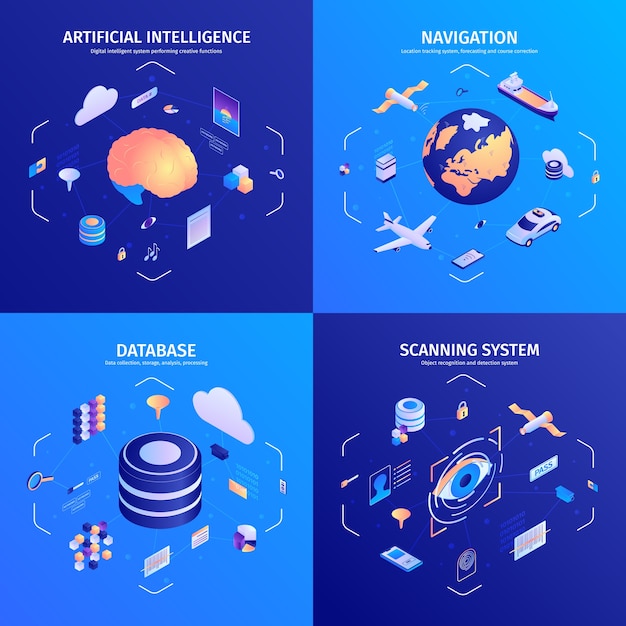 Set de tarjetas de tecnología isométrica sobre fondo azul