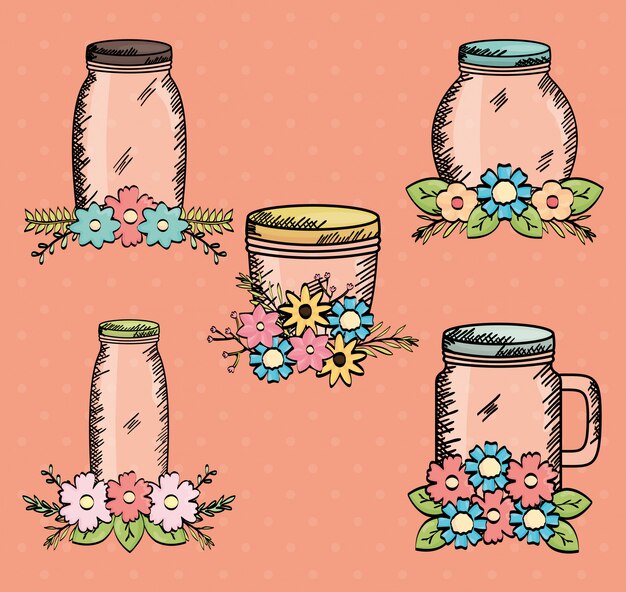 Vector set de tarros de albañil con dibujo de flores.