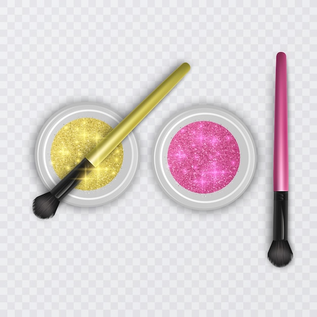 Vector set de tarros de purpurina de colores dorado y rosa con pincel realista para maquillaje