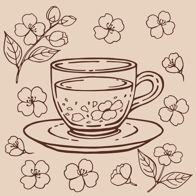 Set con taza de té de jazmín Ilustración vectorial dibujada a mano en estilo contorno