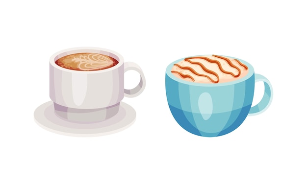 Set de tazas de café Bebida caliente de aroma sabroso en tazas de cerámica Ilustración vectorial