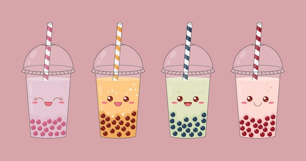 Set de té de burbujas Bebidas deliciosas en tazas de plástico con tubo Ilustración vectorial