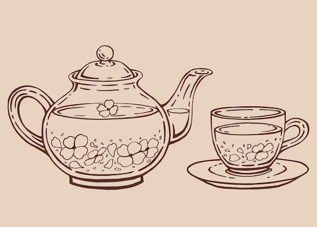 Set de té con tetera de vidrio y taza de jazmín Ilustración vectorial dibujada a mano en estilo contorno