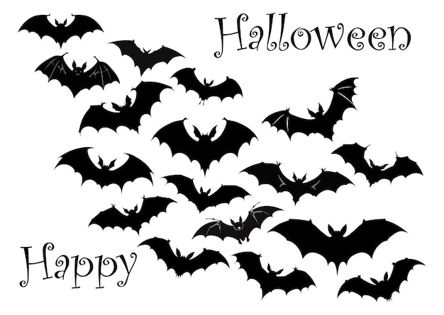 Set de terror de murciélagos Sticker con ratón negro para decoraciones de Halloween Icono simple con animal de diferentes lados moscas cuelga dormir Colección de vectores planos de dibujos animados aislados sobre fondo blanco
