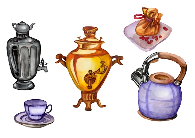 Vector set de teteras samovars mug tea party