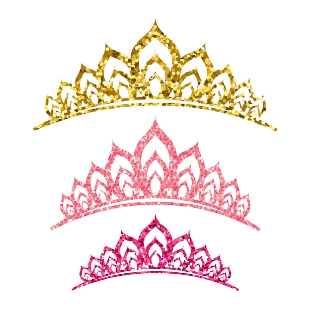 Vector set de tiaras glitter coronas rosa dorado y rosa oscuro