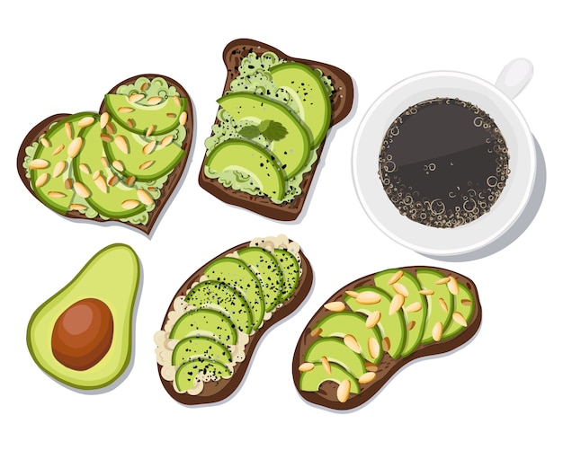 Vector set de tostadas con aguacate