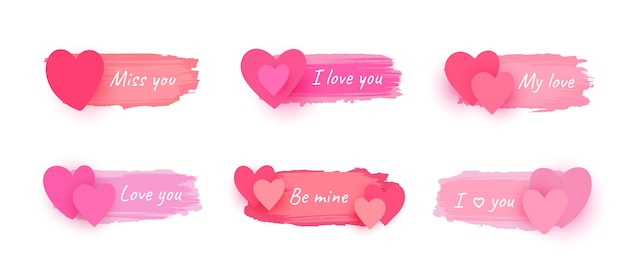 Vector set de trazos de pincel de tinta con corazones