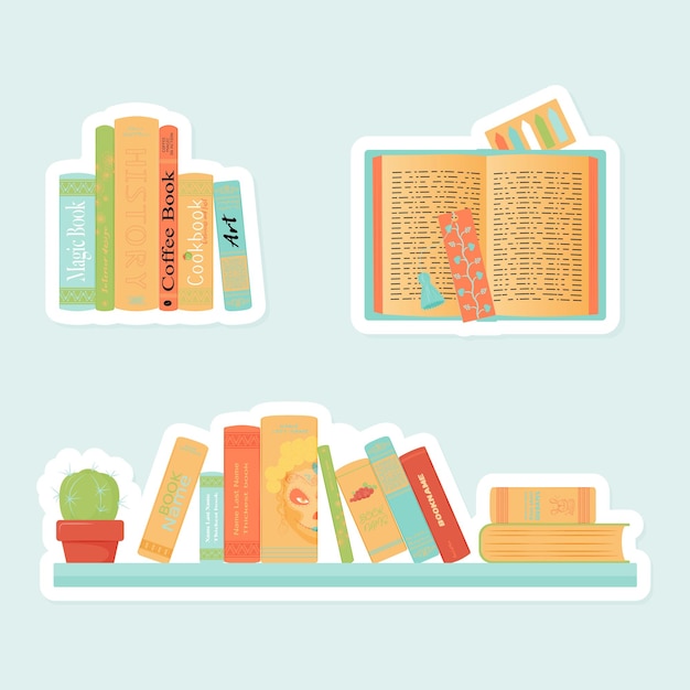 Vector set de tres pegatinas de libros es brillante