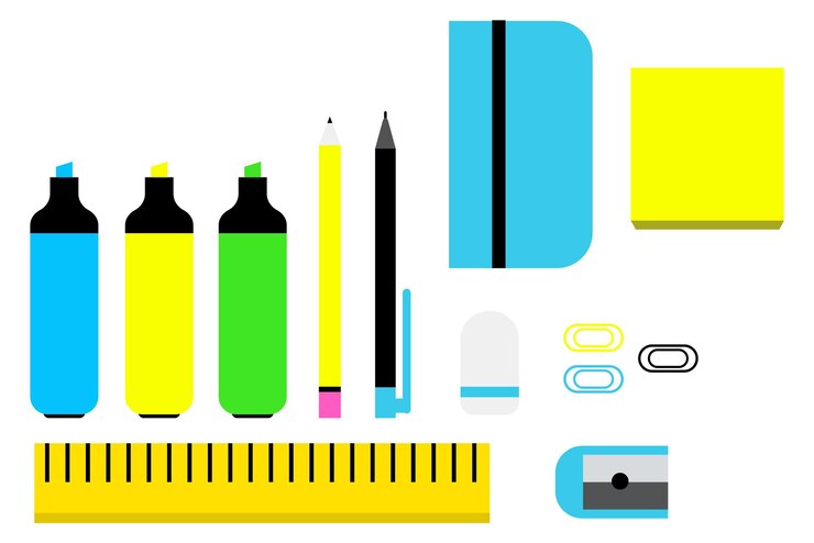 Vector set de útiles de escritura bolígrafos y rotuladores con libretas papelería de oficina
