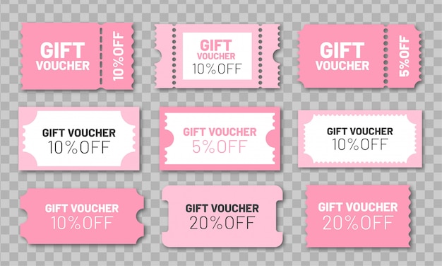 Vector set de vales de regalo. rosa cupones de descuento 5, 10 y 20% de descuento.