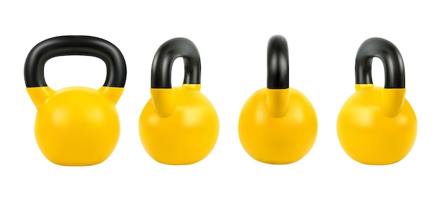 Set vector gimnasio pesas rusas amarillas de equipos de fitness 3d realista aislado sobre fondo blanco