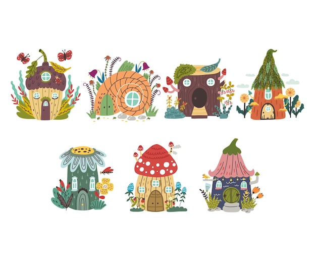 Set vector gnomo bosque casas hada árbol elfo enano pueblo mágico mushroom flor bellota tocón casa garabato dibujado a mano ingenuo arte aislado elemento de construcción