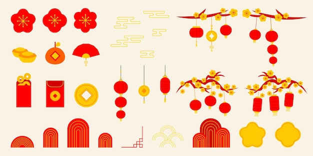 Set de vectores de Año Nuevo chino minimalista Ilustración de linternas Árbol de flores en la nube