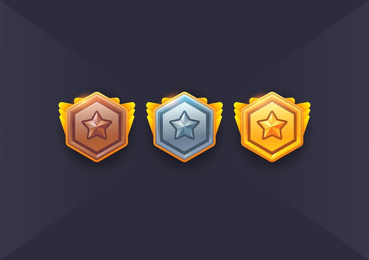 Vector set de vectores de iconos de juegos militares, insignias de escudos militares, insignias de rango de juego, iconos de juegos vectoriales, recompensa