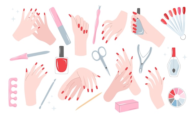 Vector set de vectores de manicura con manos y herramientas aisladas en blanco